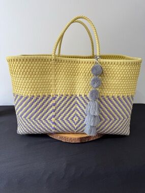 Handmade Woven Yellow & Lilac Tote Bag with Tassel